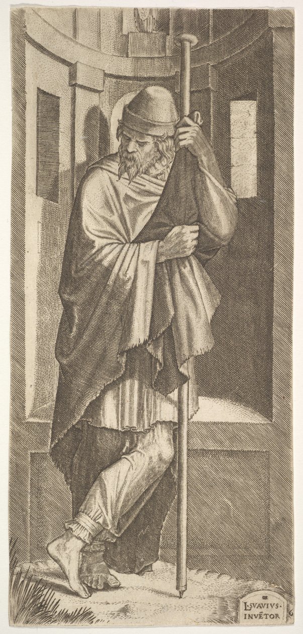 St. James Major egy rúdra támaszkodva egy fülke előtt, bal lábát keresztbe tette a jobbján, oda..., 1545. alkotó: Lambert Suavius