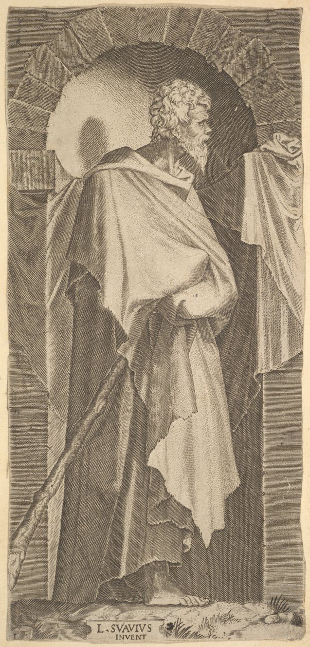 Kisebb Szent Jakab egy íves fülkében, kezében sétapálcát tartva, amelyek kb..., 1545. alkotó: Lambert Suavius