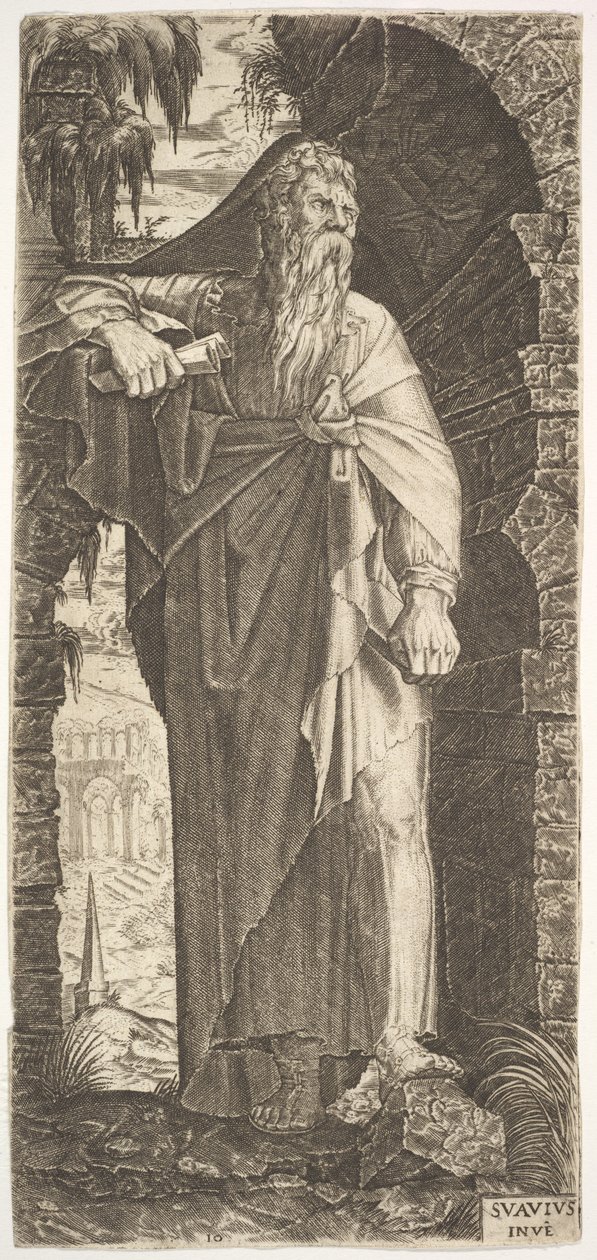 Szent Pál egy benőtt boltív alatt áll, bal lábát egy sziklára támasztja, jobb kezét..., 1545. alkotó: Lambert Suavius