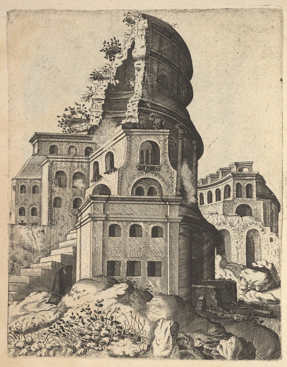 Függőleges táj a Vénusz-templom romjaival és Rómával, a „Ruinar...” sorozatból, 1554. alkotó: Lambert Suavius