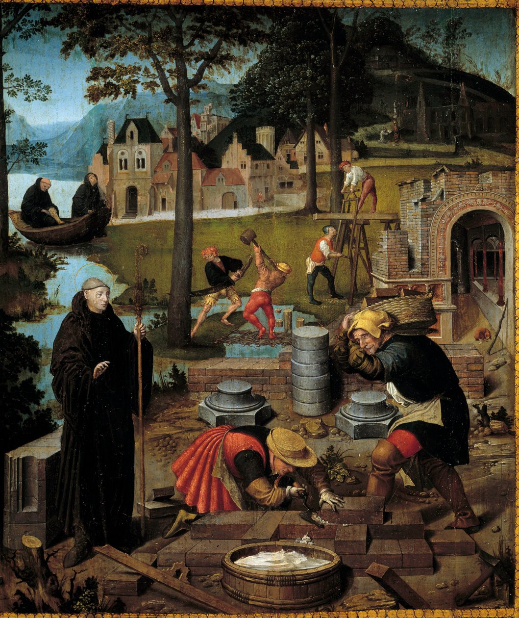 Szent Bertin legendája: Sithiu Szent Bertin apátja (610-709) irányítja Sithiu kolostorának építését Saint Omerben. A Lancelot Blondeelnek (1495-1561) tulajdonított tábla részlete Szent Bertin kincséből. Szépművészeti Múzeum, Dijon alkotó: Lancelot Blondeel