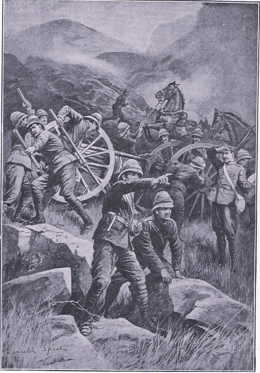 Felborult egy pisztoly egy domboldalon, a Harmsworth Bros Limited által kiadott After Pretoria: The Guerilla War című filmből, 1901 alkotó: Lancelot Speed