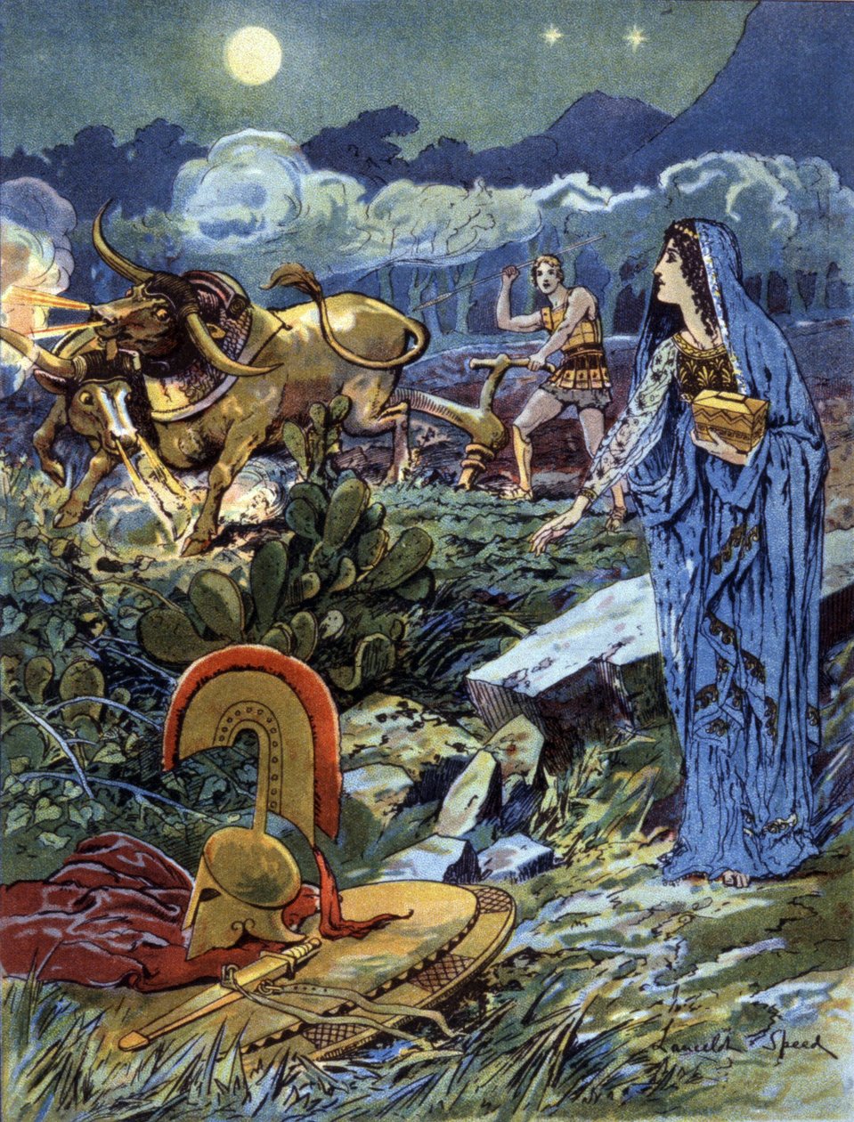 Jason, akinek Médea segített a marsi szántóföldeken, kb. 1900 (illusztráció) alkotó: Lancelot Speed