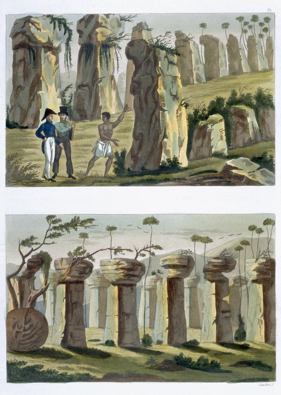 „Az ősök háza”, Tinian szigete, Jules Ferrario „Le Costume Ancien et Moderne” című művének 32a és b táblája, az 1820-as és 30-as évek körül megjelent (lásd még: 206894) alkotó: Landini