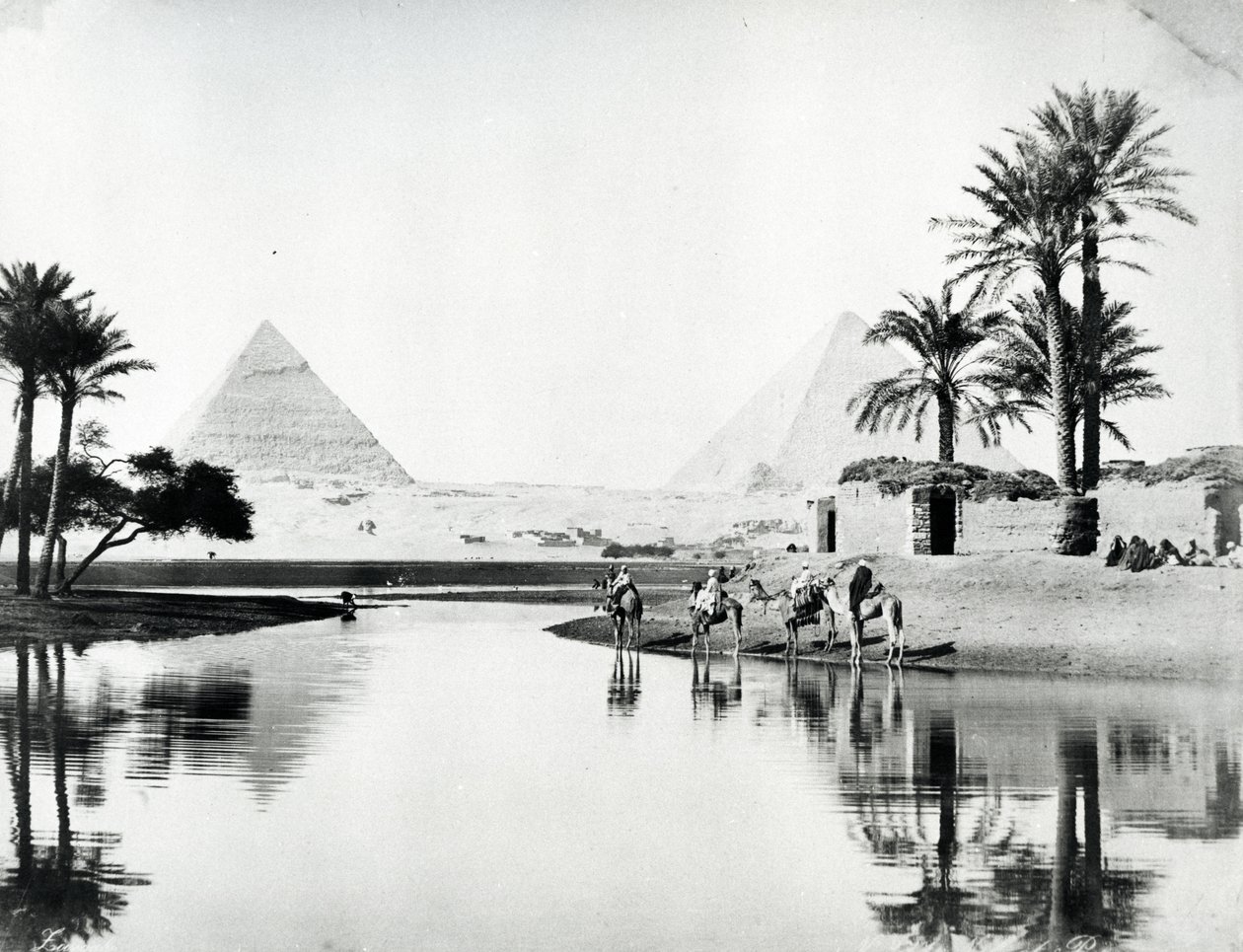 Khufu és Khafre piramisai a nílusi árvízből, 1880 körül alkotó: Langaki