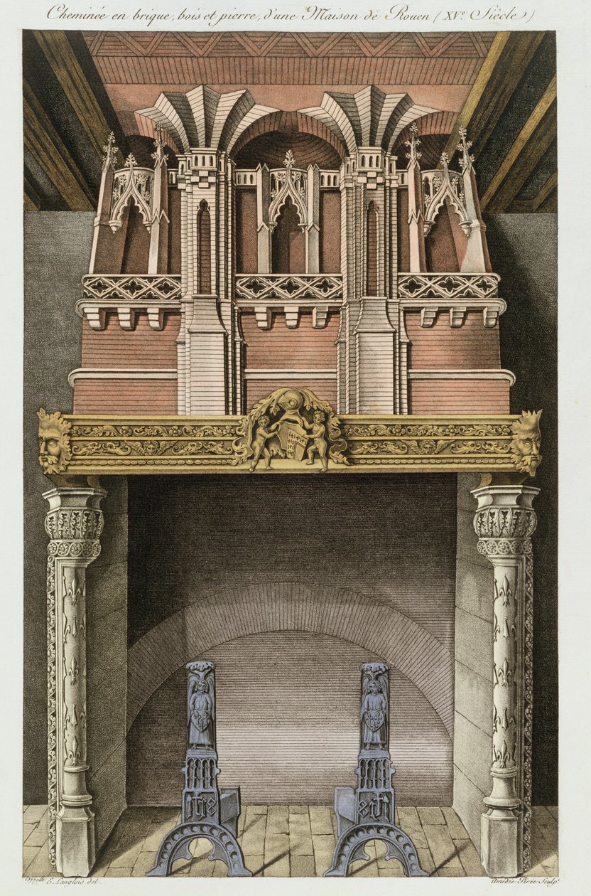Kémény egy 15. századi roueni házból, a Monuments Francais-ból, Amedee Peree litográfiája, 1839 alkotó: Langlois E.