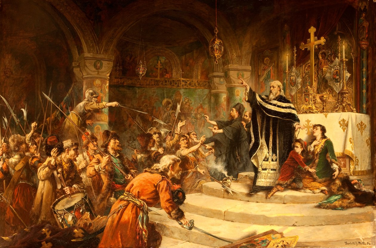Egy menekült egy templomban, 1894 alkotó: Laslett John Pott