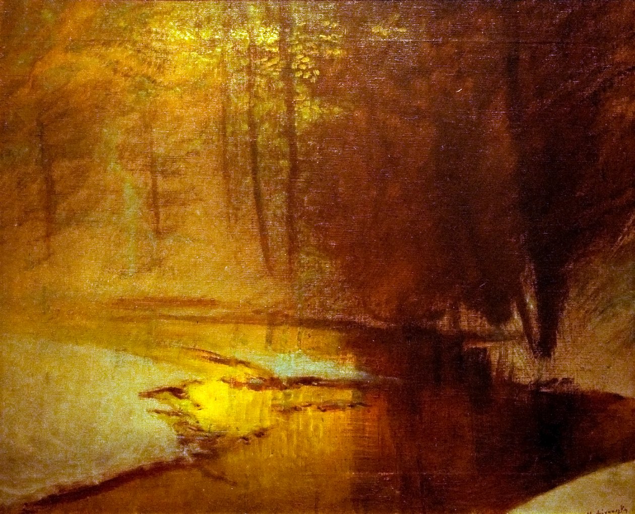 Aranylo fenyek a teli erdobennEnglish: Golden_Lights_in_the_Winter_Forestn alkotó: Laszlo Mednyanszky