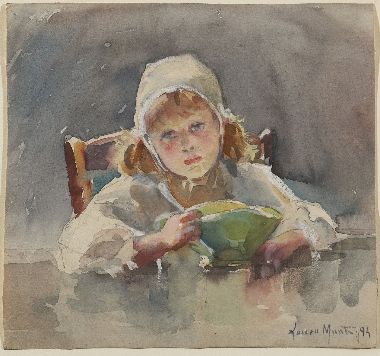 Gyermek zöld tállal, 1895 (grafit, wc és gouache papíron) alkotó: Laura Muntz Lyall