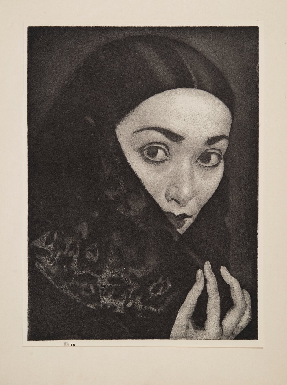 Kendős hölgy, kocsma. 1926. alkotó: Laura Knight