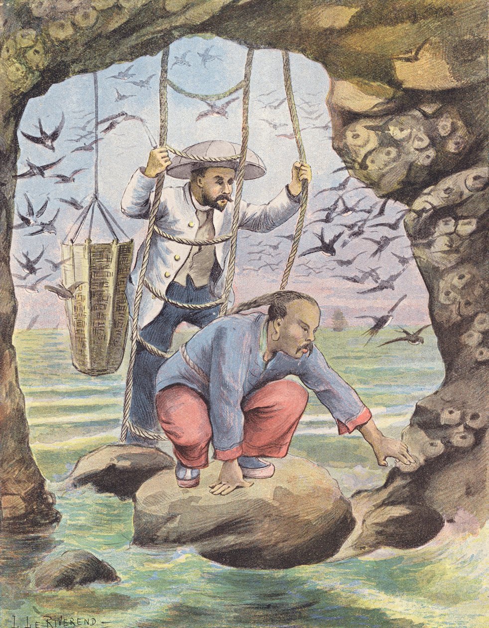 Fecskefészkek gyűjtése Szumátrán (színes litográfia) alkotó: Laurence Louise Le Riverend