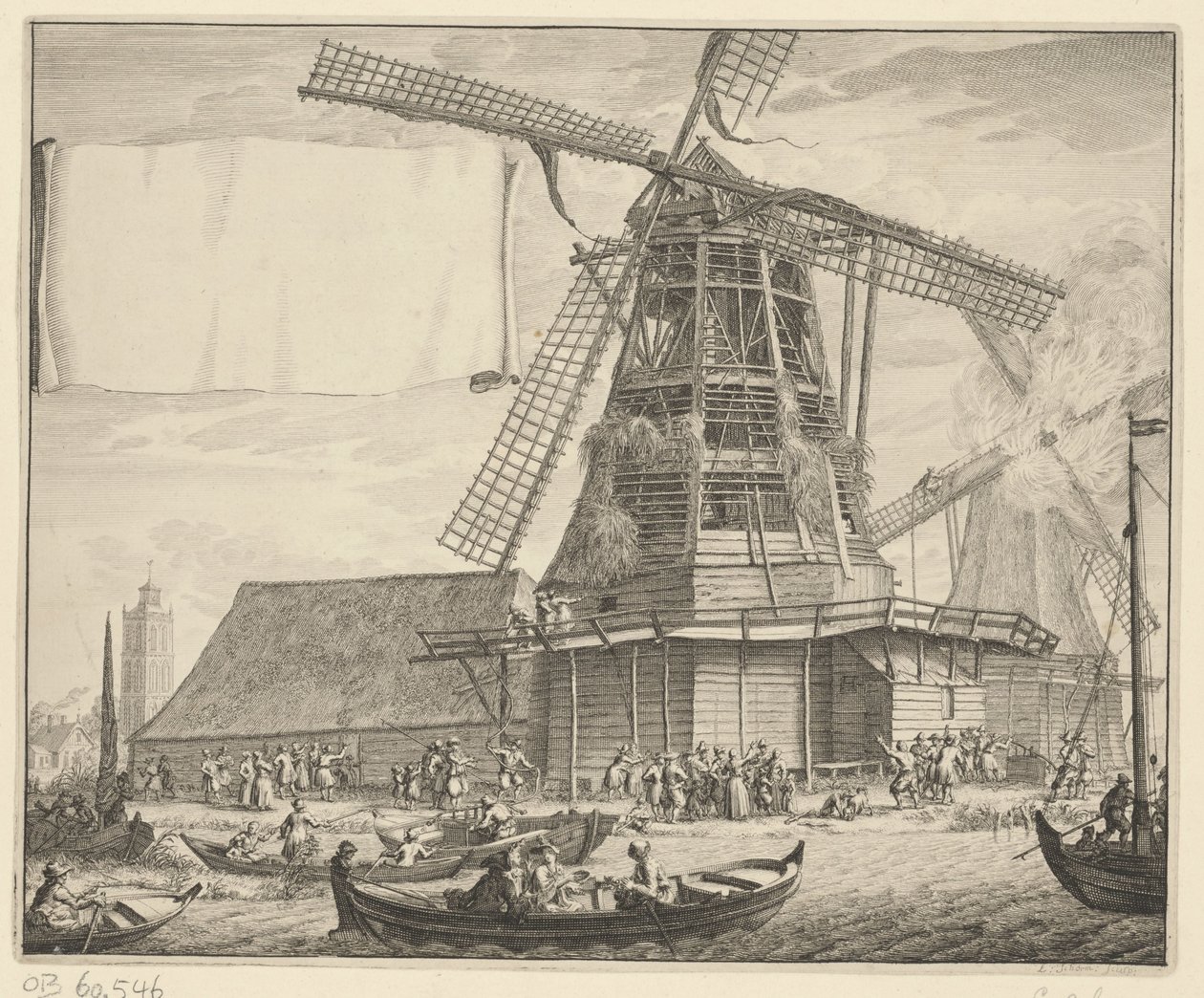 Tűz a De Zeug olajmalomban Wormer közelében, 1699 alkotó: Laurens Scherm