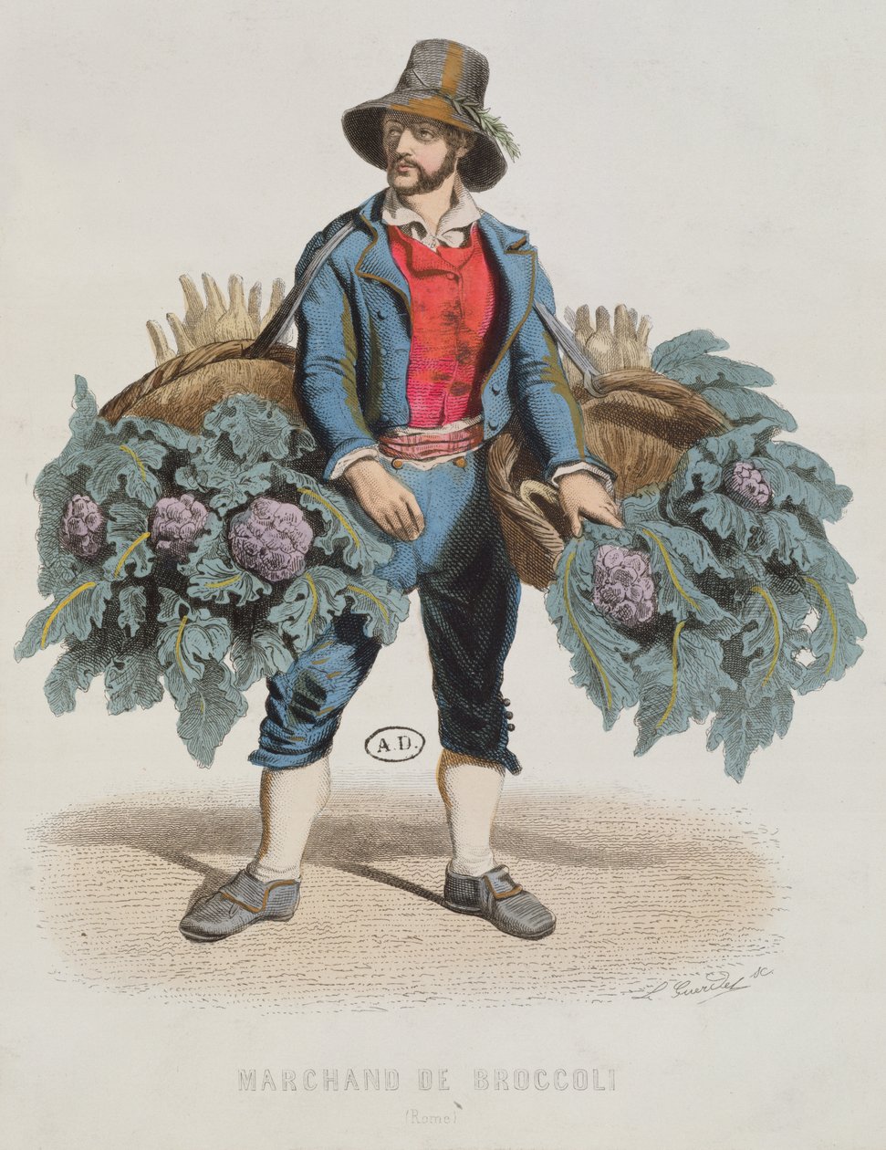 Brokkoliárus Rómában, 19. század közepe (színes metszet) alkotó: Laurent Francois Guerdet