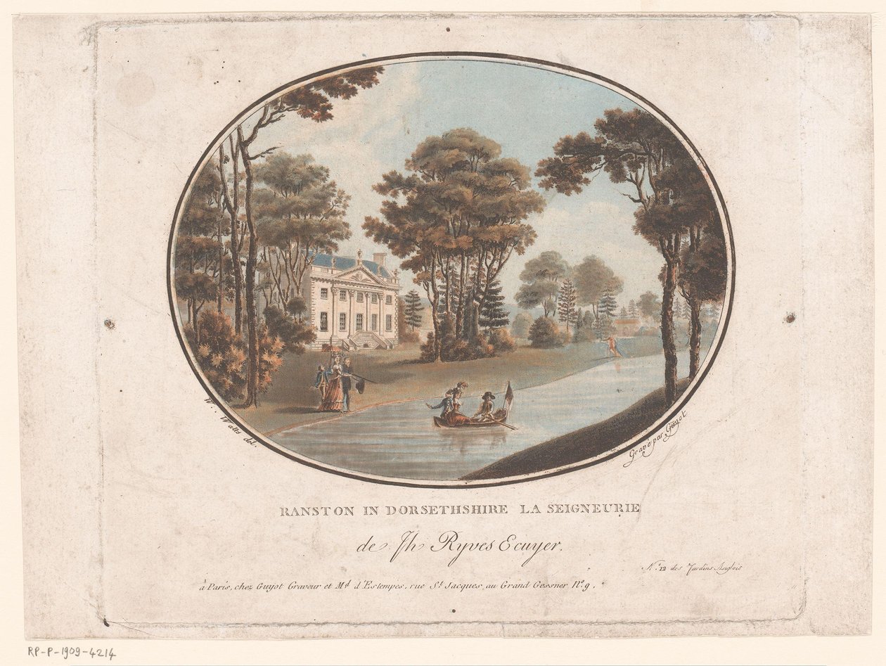 Kilátás Ranstonra Dorsetshire-ben Ranston Dorsethshire-ben La Seigneurie de Jh Ryves Ecuyer. (cím a tárgyon) Jardins Anglais (sorozat címe az objektumon) Angol kertek (sorozat címe) alkotó: Laurent Guyot