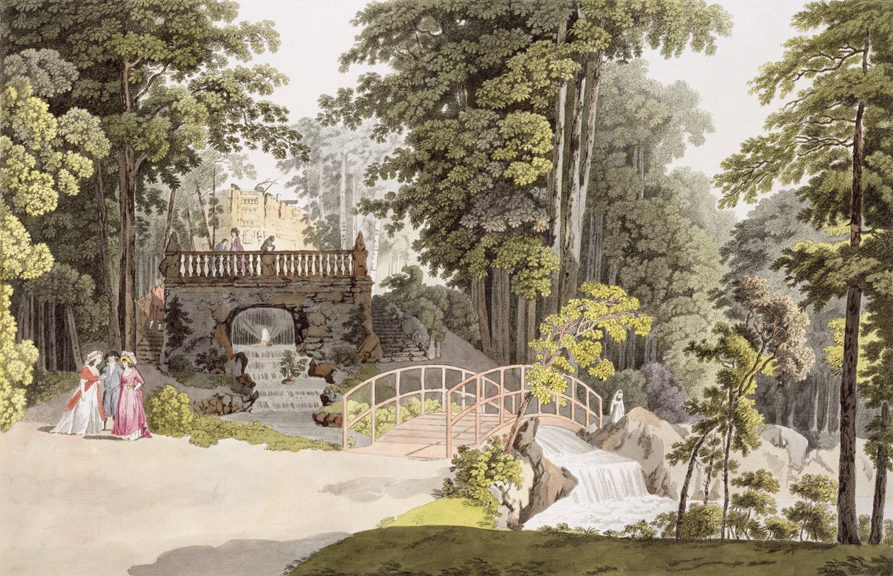 A bécsi Erlaw vízesés látképe, a "Bécsi és Bécs környéki vidámparkok" című képből, Johann Ziegler (1750 körül - 1812) metszete, 1790 körül. alkotó: Laurenz Janscha