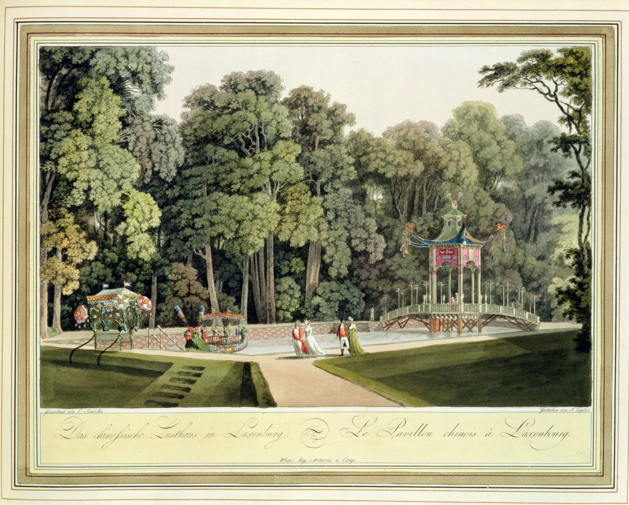 A kínai pavilon a bécsi Laxenburg kertben, Johann Ziegler metszetével (1750 körül – 1812 körül) alkotó: Laurenz Janscha