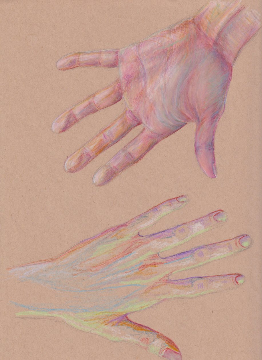 Hands #2, 2025 (színes ceruza, tónusos papír) alkotó: Laurie Michaels