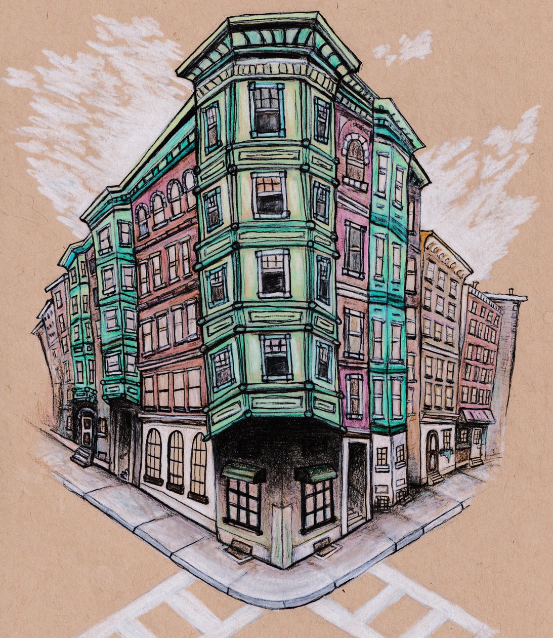 North End, 2019 körül (színes ceruza és tinta, barna művészeti papírra) alkotó: Laurie Michaels