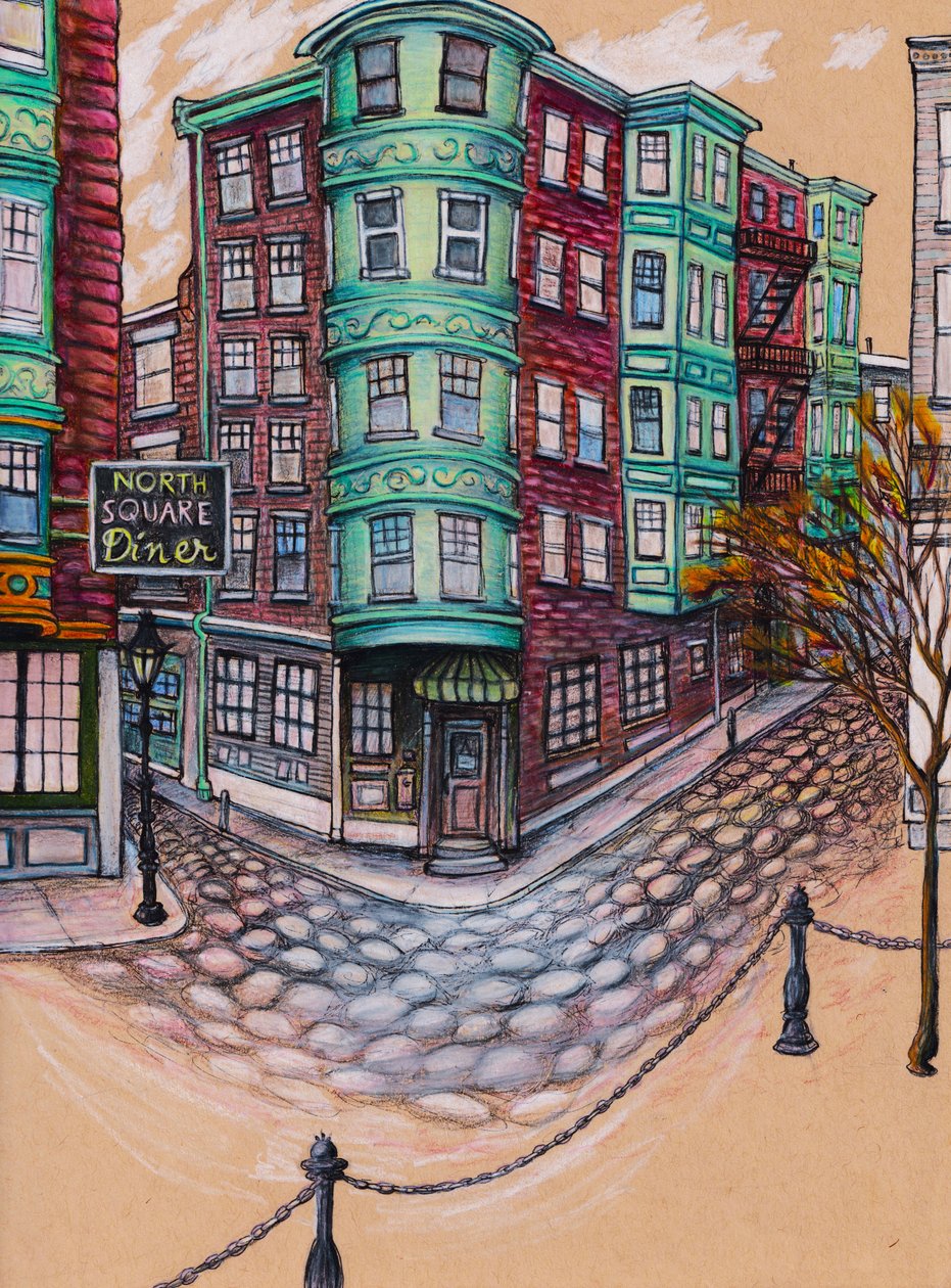 North Square Diner, 2025 (színes ceruza és tus, tónusos papír) alkotó: Laurie Michaels