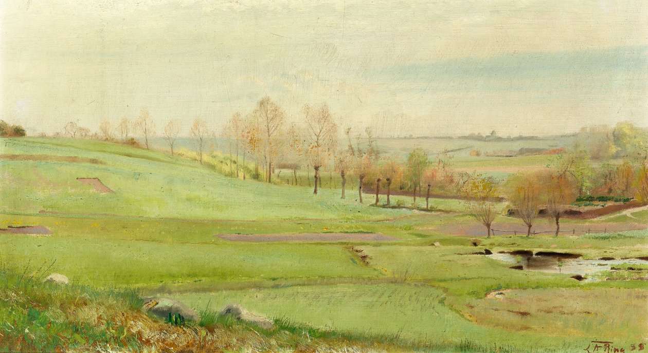 Tavaszi táj világos zöld mezőkkel; et Vandhul til h. Mogenstrup alkotó: Laurits Andersen Ring