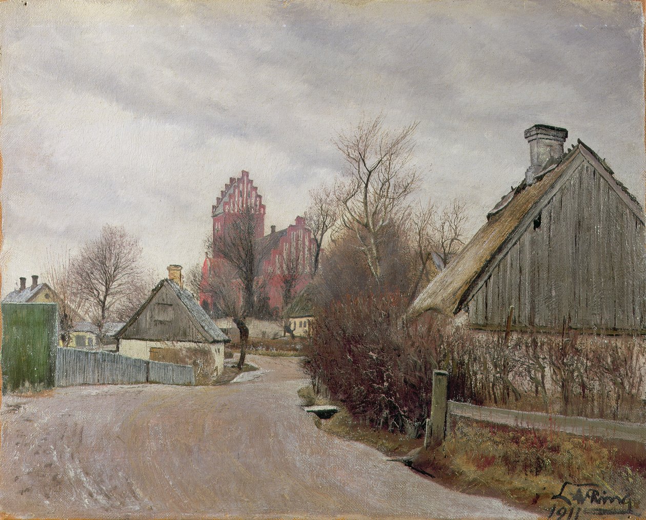 Gade i Hoje Taastrup (vidéki út kunyhókkal és egy magas templommal) 1911 alkotó: Laurits Andersen Ring