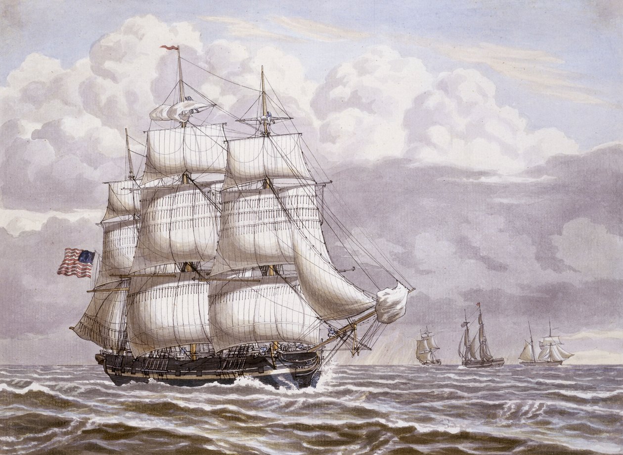 Egy amerikai fregatt vitorlás alatt, egyéb szállítással, 1832 alkotó: Lauritz Rasmus Lyngbye