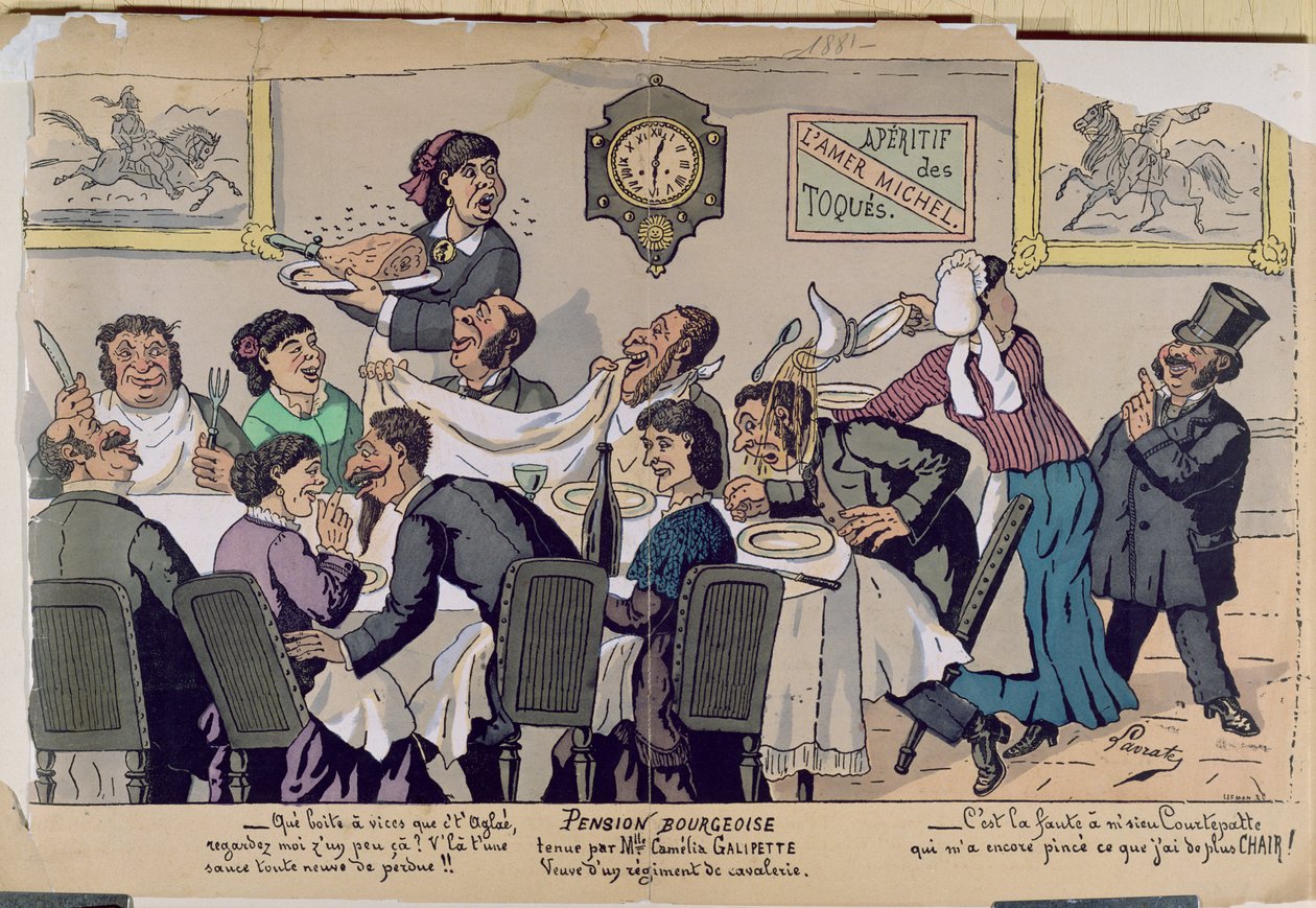 Középosztályú panzió, karikatúra, 1881 (színes metszet) alkotó: Lavrate