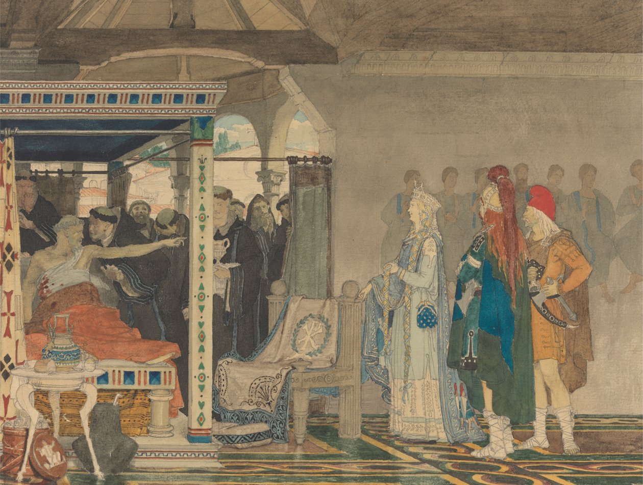 Fredegonda Praetextatus halálos ágyában alkotó: Lawrence Alma Tadema