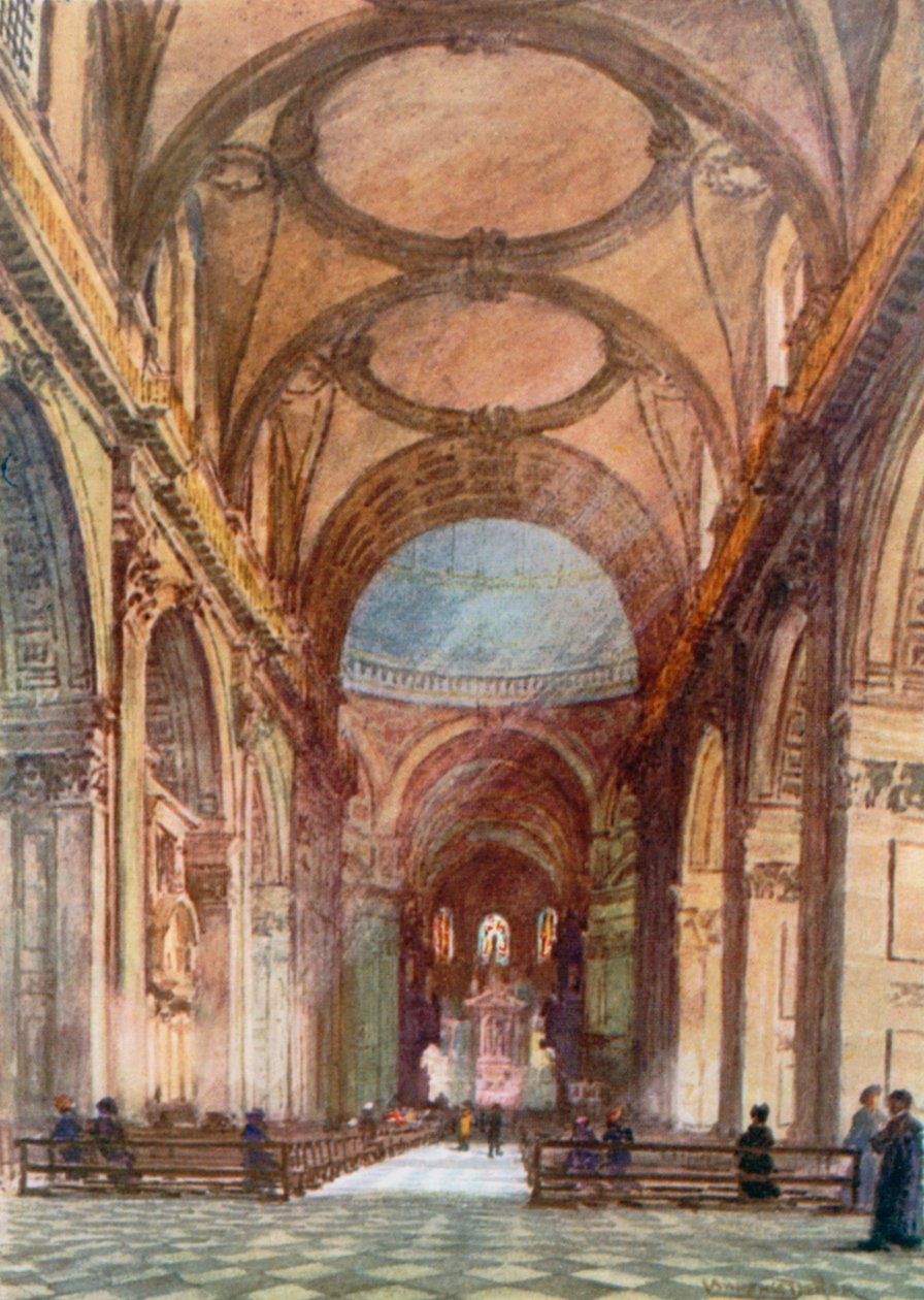 A templomhajó, kelet felé nézve (színes litográfia) alkotó: Lawrence Deller