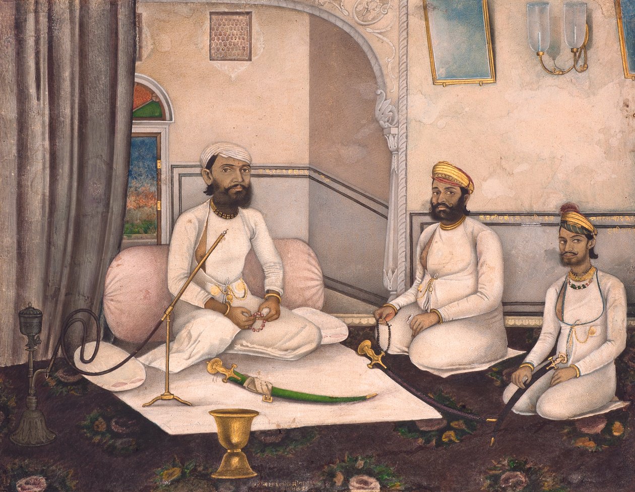 Thakur Sahab Samadr Karanji Kabraji Mukandra Karanji Sahabbal és Bhao Raj Cha-val, 1875 körül (átlátszatlan wc és arany, papír) alkotó: Laxmi Narayan