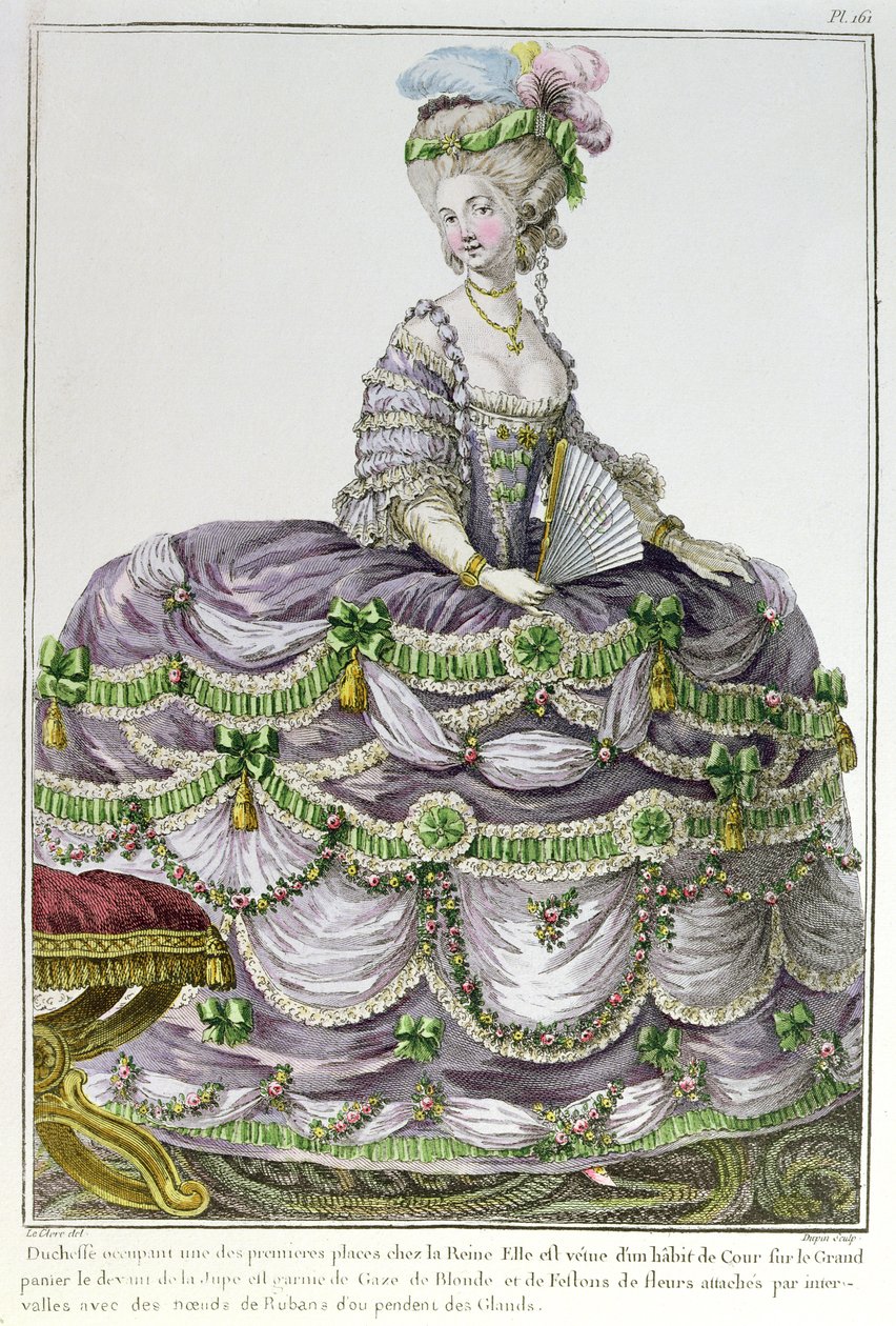 Egy hercegnő XVI. Lajos udvarában, pántlikás ruhát visel, 161-es számú tábla a "Galerie des Modes et Costumes" című, Dupin által 1778-87 körül készült metszetből. alkotó: Le Clere