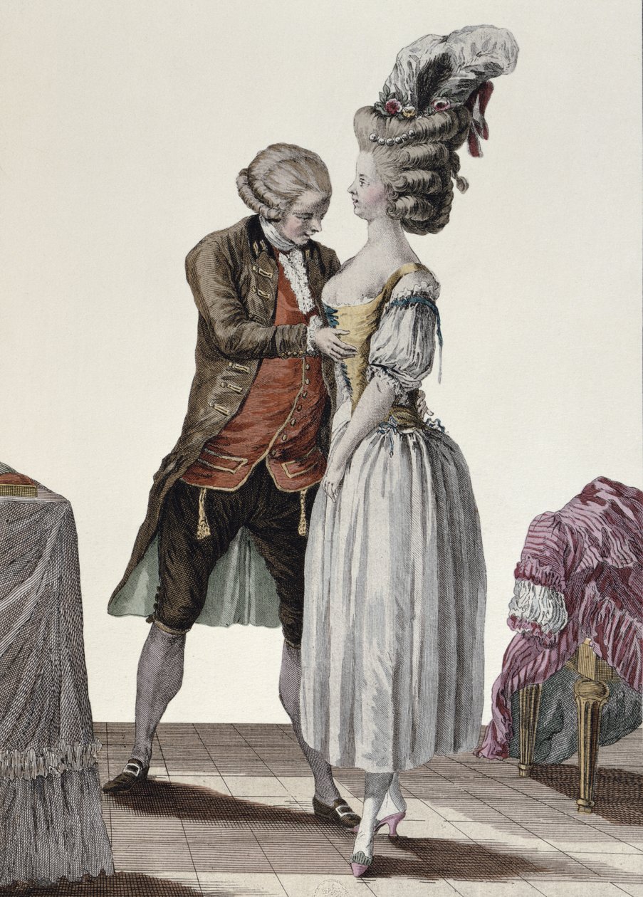 Egy szabó egy divatos fűzőt próbál ki egy hölgyön, lemez a "Galerie des Modes et Costumes"-ból, Dupin metszete, 1778-87 körül. alkotó: Le Clere