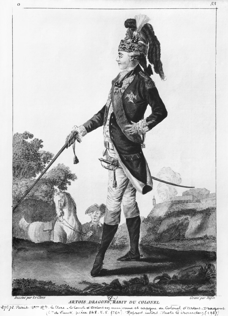 Francia Károly (1757-1836) Artois grófja, az Artois-Dragons ezredes ezredesének kaszkáját és egyenruháját viselve, Dupin metszetével alkotó: Le Clere