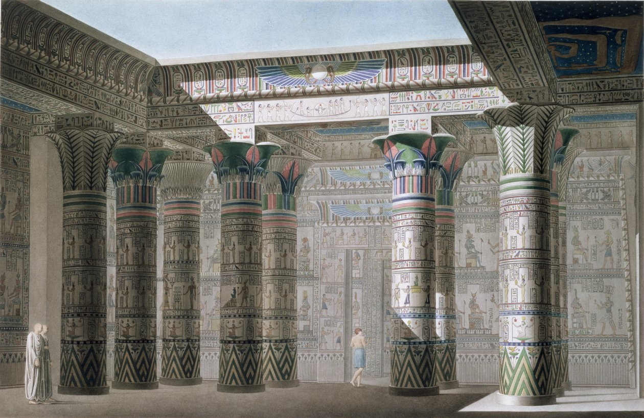Belső perspektivikus nézet a Philae-szigeti Nagytemplom portikuszából, 18. tábla, az "Egyiptom leírása" I. kötetéből, Antoine Phelippeaux (sz. 1767) metszete 1822 (akvatinta) alkotó: Le Pere
