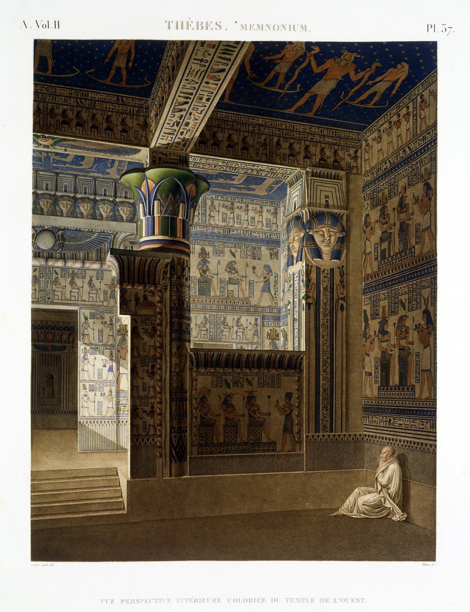 A Memnonium nyugati templomának belső képe, Théba, 37. tábla az "Egyiptom leírása" II. kötetéből, Allais metszet, 1822 (akvatinta) alkotó: Le Pere