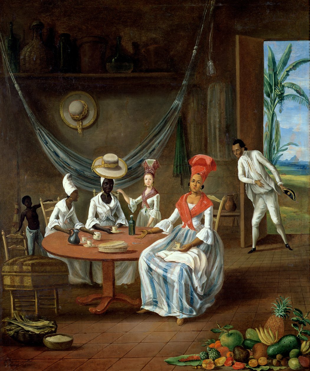 Egy mulatt nő fehér lányával, akit fekete nők látogattak meg a házukban Martinique-on, 1775 alkotó: Le Masurier