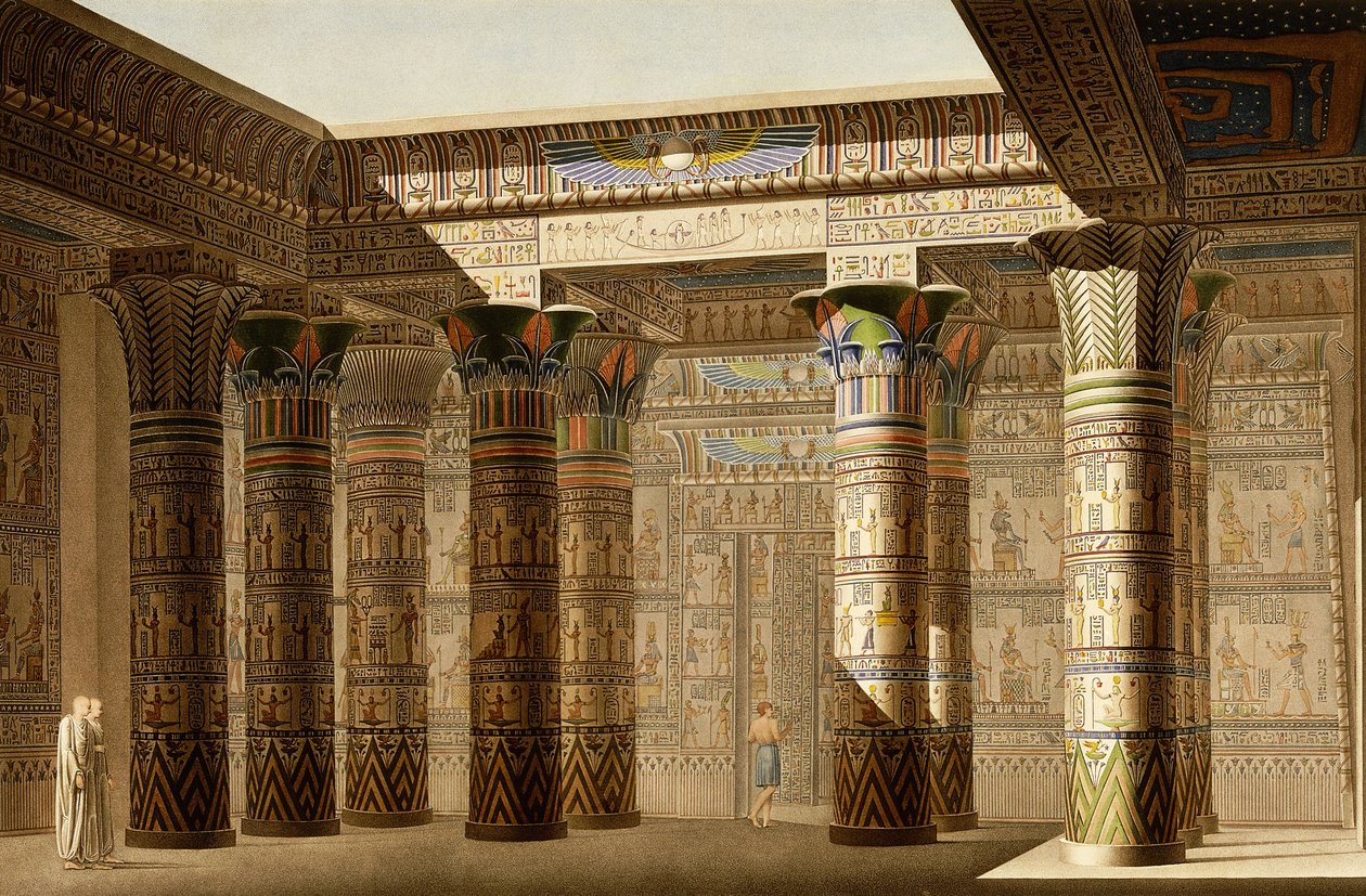 A núbiai Philae nagytemplomának portikusa, 1809-1812 körül (színes metszet) alkotó: Le Pere (after)