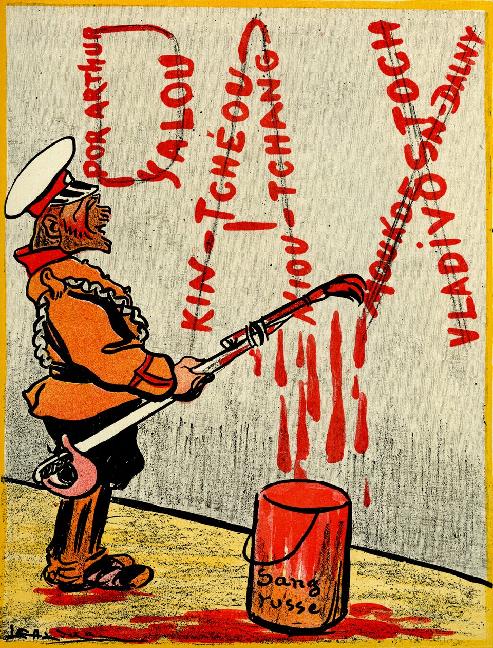 Az orosz cár a Pax vagy béke szót festette, amely elveszett csaták nevéből áll az orosz vér felhasználásával. 1904 (litó) alkotó: Leal de Camara
