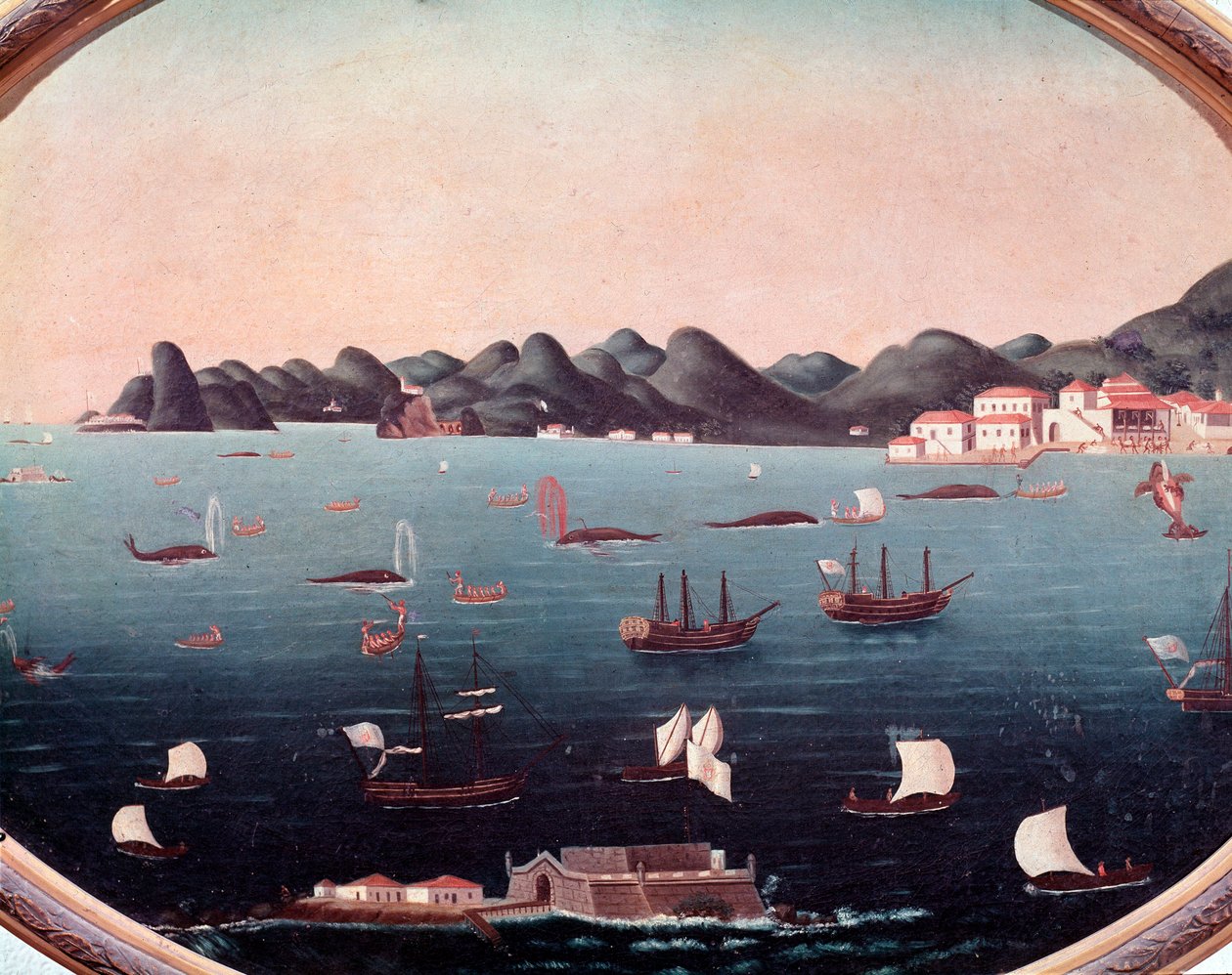Bálnavadászat a Guanabarai-öbölben Brazíliában Akvarell – Leandro Joaquim (1738-1798) 18. századi Rio de Janeiro, Nemzeti Történeti Múzeum alkotó: Leandro Joachim