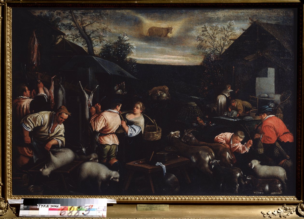 ""Április hónapja"" (április) Birkanyírás. Bika jel szimbólum az égen. Leandro Bassano da Ponte (1557-1622) festménye 1595-1600 Méret: 144x190 cm Tulai Állami Művészeti Múzeum Oroszország alkotó: Leandro da Ponte Bassano