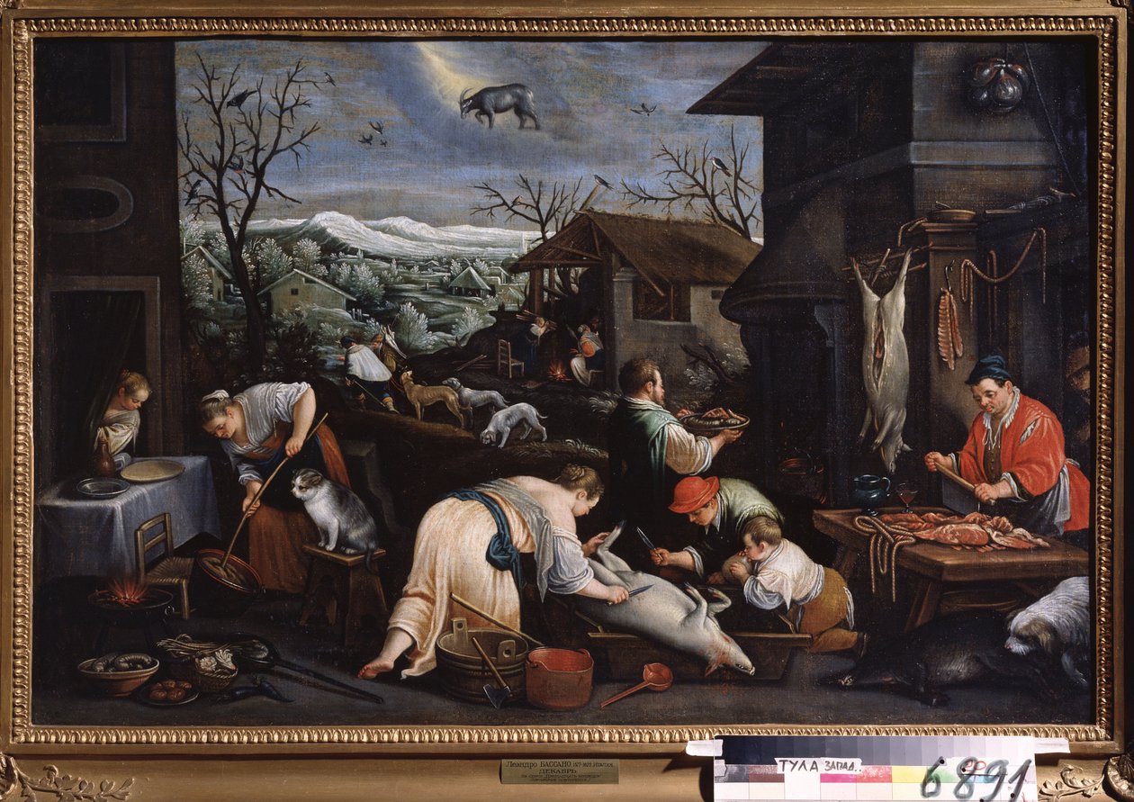 ""December hónapja"" (December) A sertéseket levágják. Bak jel szimbólum az égen. Leandro Bassano da Ponte (1557-1622) festménye 1595-1600 Tulai Állami Művészeti Múzeum Oroszország alkotó: Leandro da Ponte Bassano