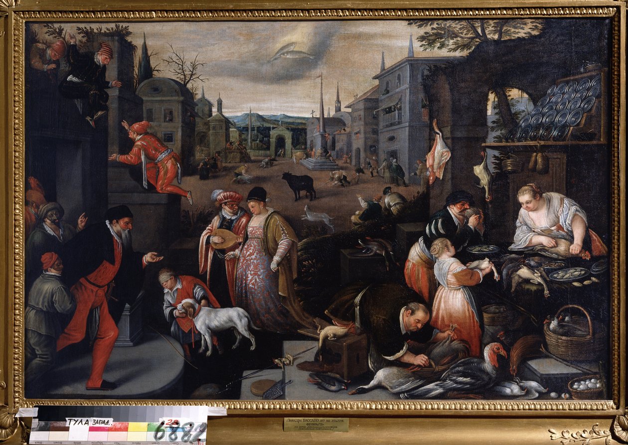 ""Le mois de fevrier"" (február) Sétajelenet karnevál idején. Halak jel szimbólum az égen. Leandro Bassano da Ponte (1557-1622) festménye 1595-1600 Méret: 144x190 cm Tulai Állami Művészeti Múzeum Oroszország alkotó: Leandro da Ponte Bassano
