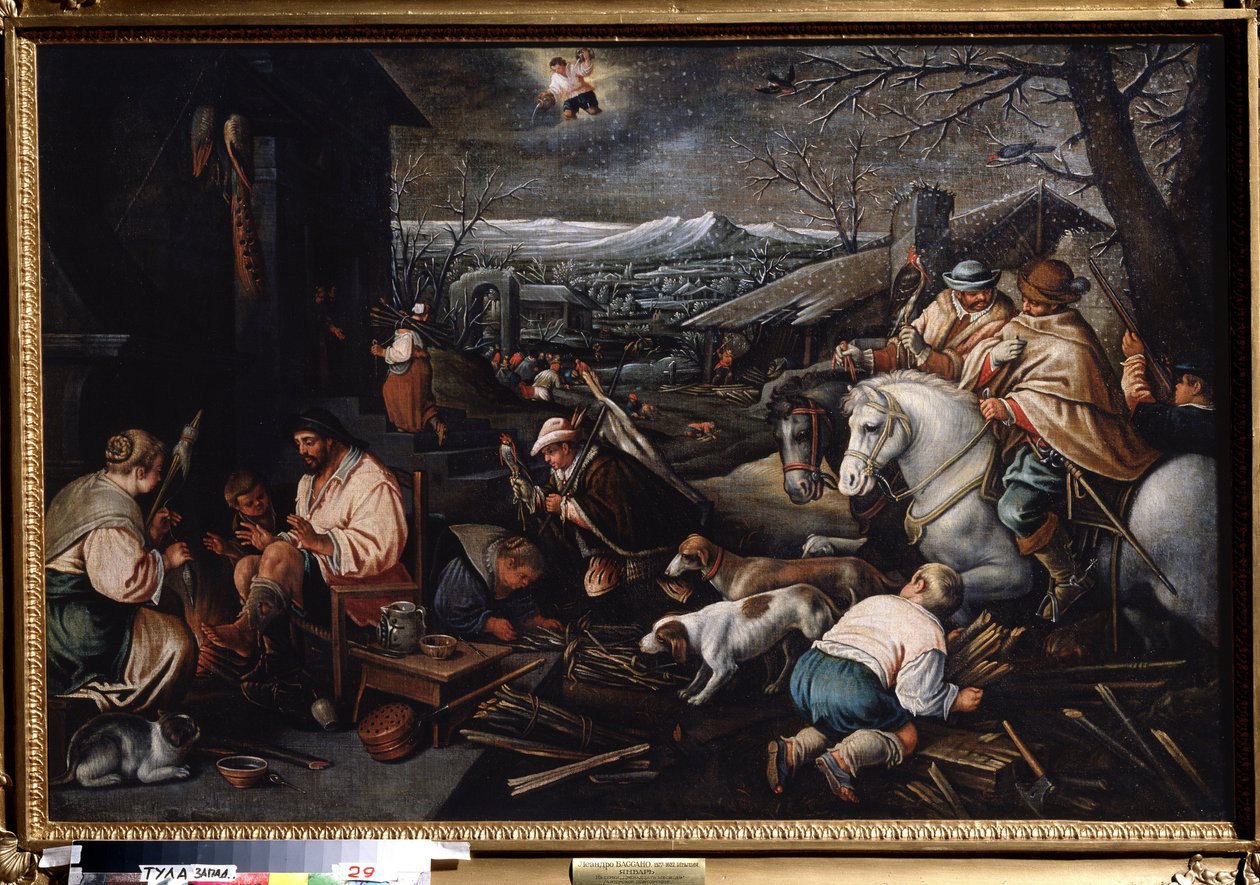 ""Január hónap"" (január) Vadászok, gyapjúfonó nők. Vízöntő szimbólum az égen. Leandro Bassano da Ponte (1557-1622) festménye, mérete 146 x 192 cm Tulai Állami Művészeti Múzeum Oroszország alkotó: Leandro da Ponte Bassano