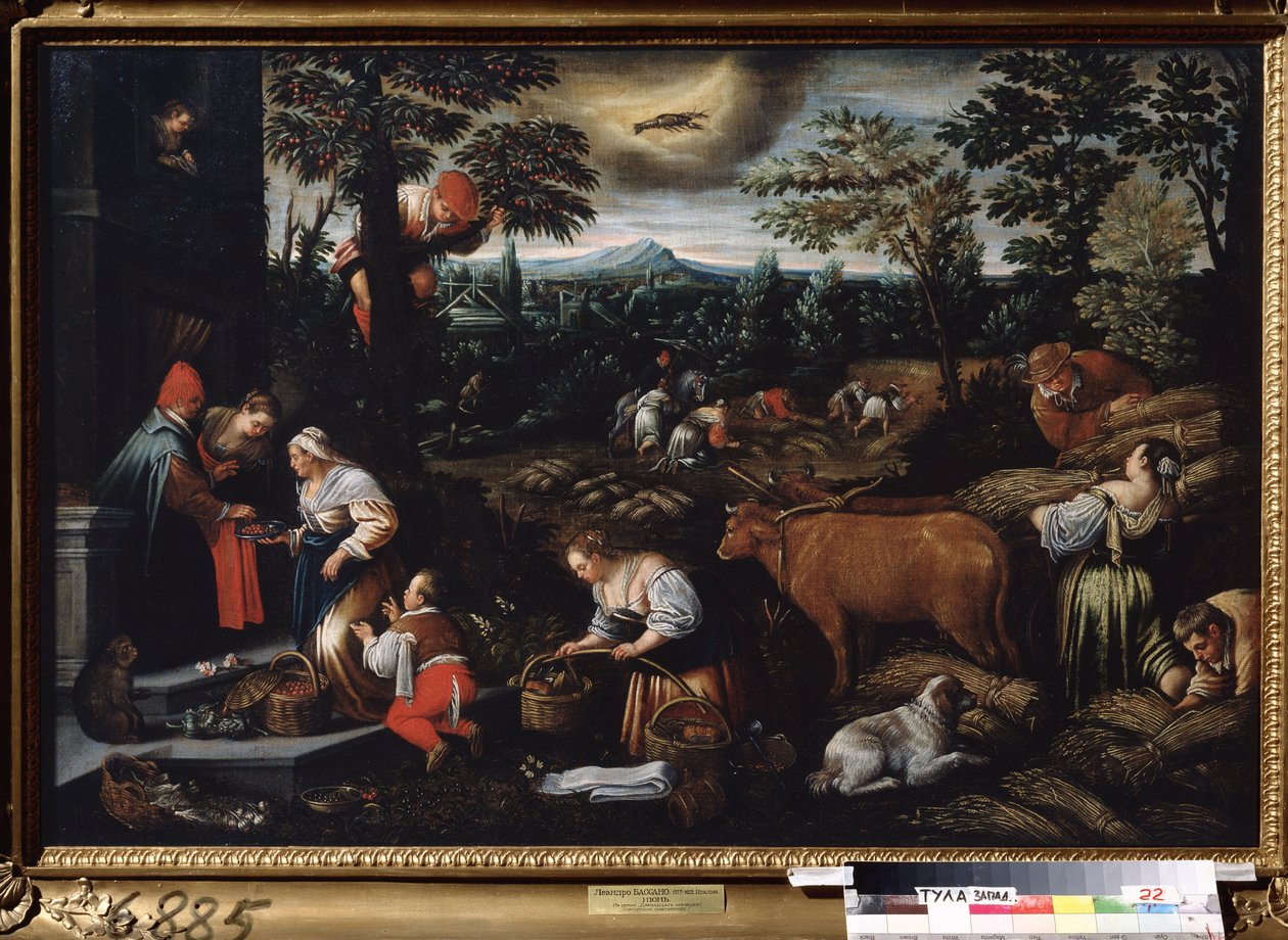 ""Június hónap"" (június) Munka a gazdaságban, cseresznyeszedés és búzagyűjtés. Rák jel szimbólum az égen. Leandro Bassano da Ponte (1557-1622) festménye 1595-1600 Tulai Állami Művészeti Múzeum Oroszország alkotó: Leandro da Ponte Bassano