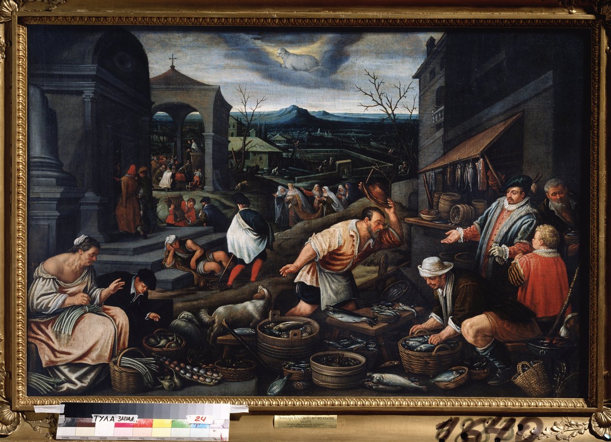 ""Március hónapja"" (március) Halpiaci jelenet. Kos jel szimbólum az égen. Leandro Bassano da Ponte (1557-1622) festménye, mérete 80x121 cm Tulai Állami Művészeti Múzeum Oroszország alkotó: Leandro da Ponte Bassano
