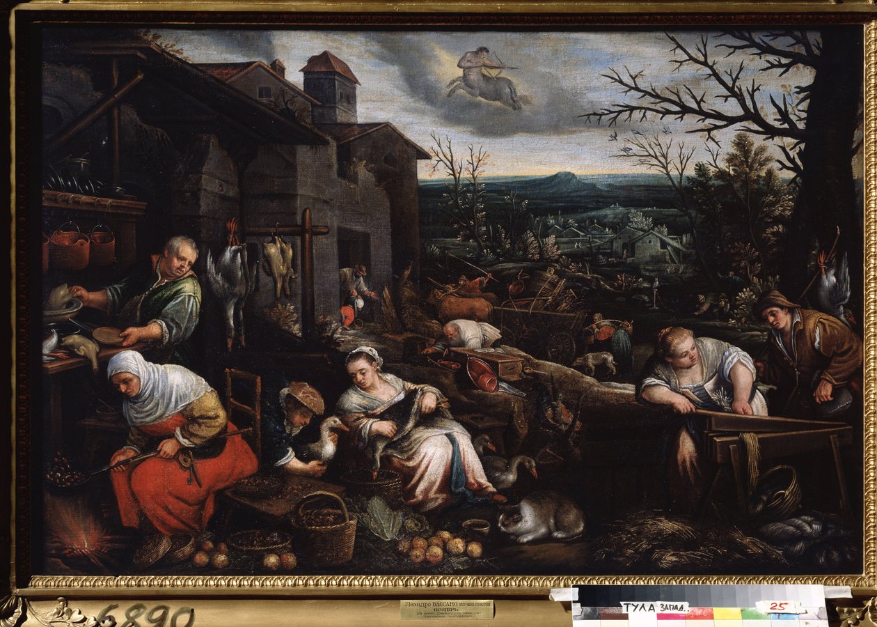 ""A november hónapja"" (November) Egy nő gesztenyét süt, egy másik elkészíti a libákat. A Nyilas jelének szimbóluma az égen. Leandro Bassano da Ponte (1557-1622) festménye 1595-1600 Tulai Állami Művészeti Múzeum Oroszország alkotó: Leandro da Ponte Bassano
