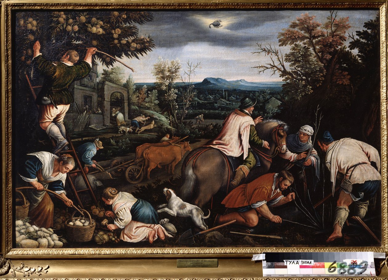 ""Október hónapja"" (október) Munka a földeken. A gazdák fákat ültetnek. A skorpió jelének szimbóluma az égen. Leandro Bassano da Ponte (1557-1622) festménye 1595-1600 Tulai Állami Művészeti Múzeum Oroszország alkotó: Leandro da Ponte Bassano
