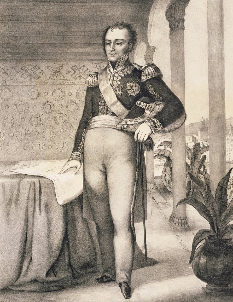Bourmont gróf (1773-1846), az Afrika-expedíció főparancsnokának portréja egy kötetből, amely az Algírt 1830-ban elfoglaló francia expedíciós haderő emlékét állítja alkotó: Leberthais