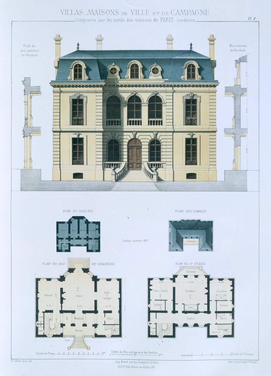 Tervezés a „Párizsi modern házakon alapuló városi és vidéki házakból”, 1864 körül alkotó: Leblanc