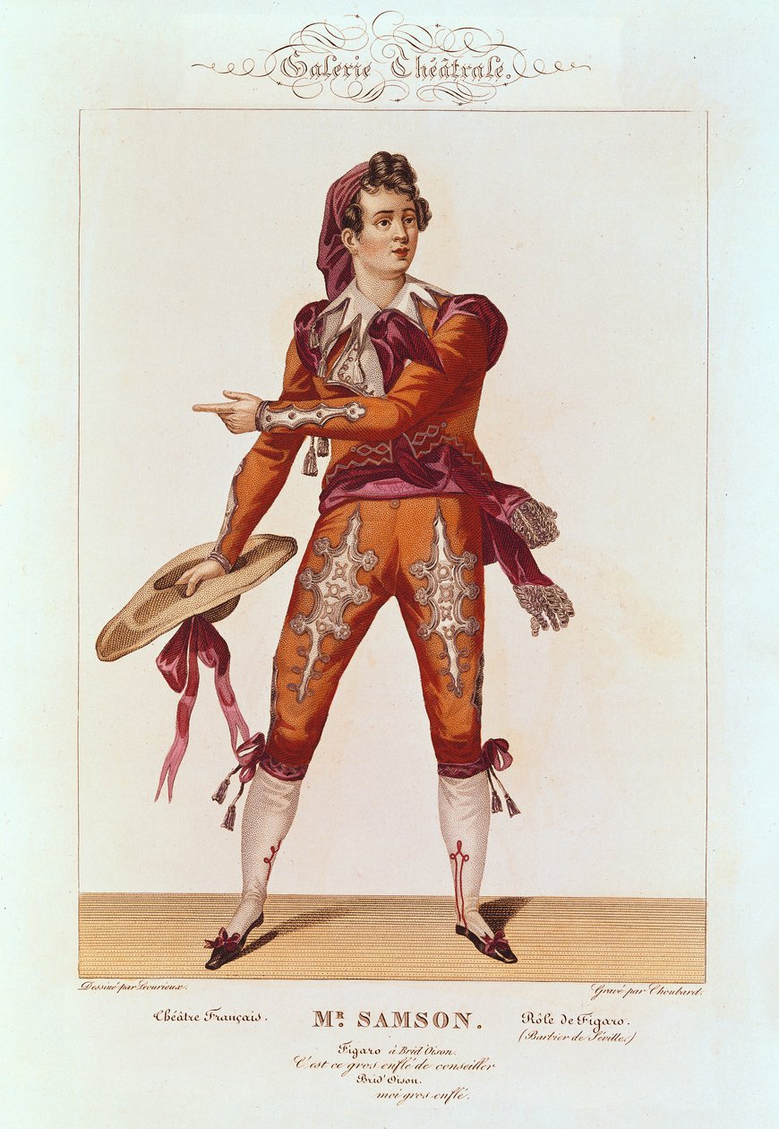Joseph Isidore Samson (1793-1871) Figaro szerepében A sevillai borbélyban, Choubard metszetében (fl.1810-30) alkotó: Lecurieux
